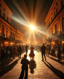 A captivating photograph captures a radiant and luxurious musical performance in a bright town square.  The scene is bathed i