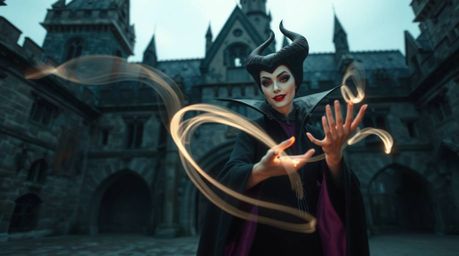 A captivating long exposure photograph depicts a classic Disney villain gracefully casting a spell within an ancient castle. 