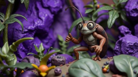 Explore a vibrant and fantastical world with a bug-sized hero navigating a backyard jungle meticulously sculpted from clay. D