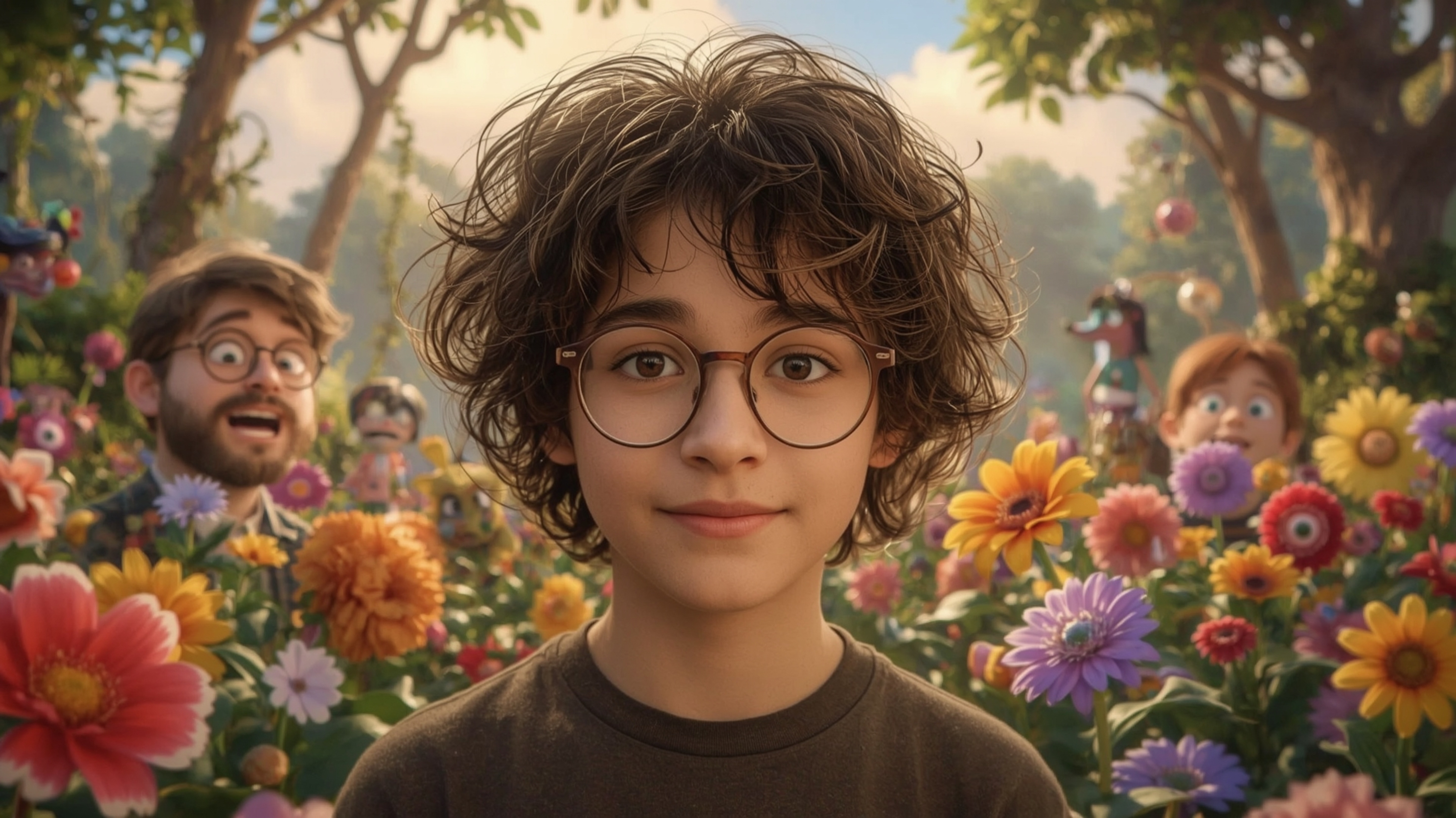 This highly detailed, high-resolution stock photo, reminiscent of a Pixar film, features a bright-eyed, homeschooled genius a