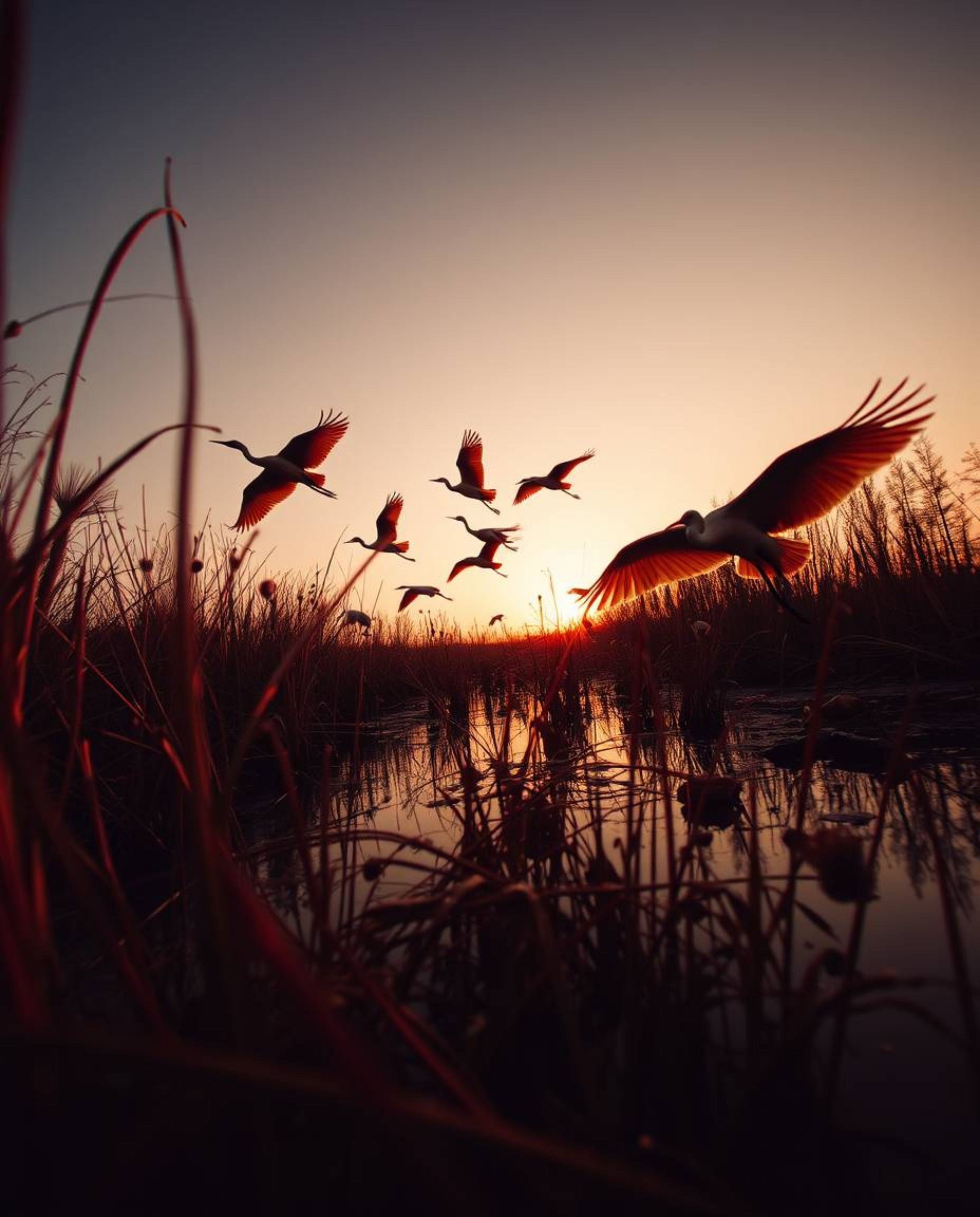 A low-angle perspective captures a dramatic golden hour wetlands scene with herons in flight. The atmosphere is uniquely enha