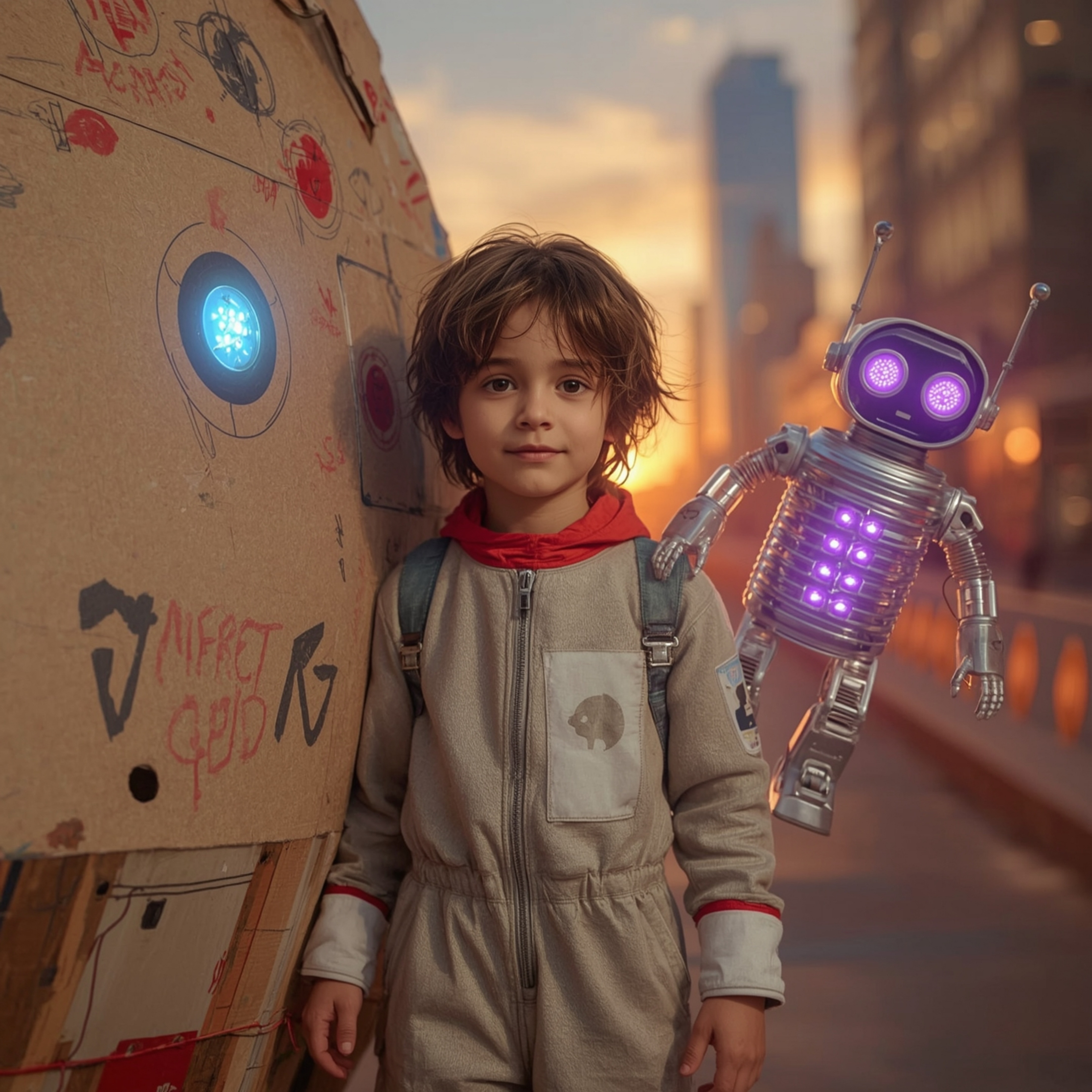 A captivating Pixar-style image showcases a boy with messy brown hair, wearing a stylish DIY spacesuit, standing triumphantly