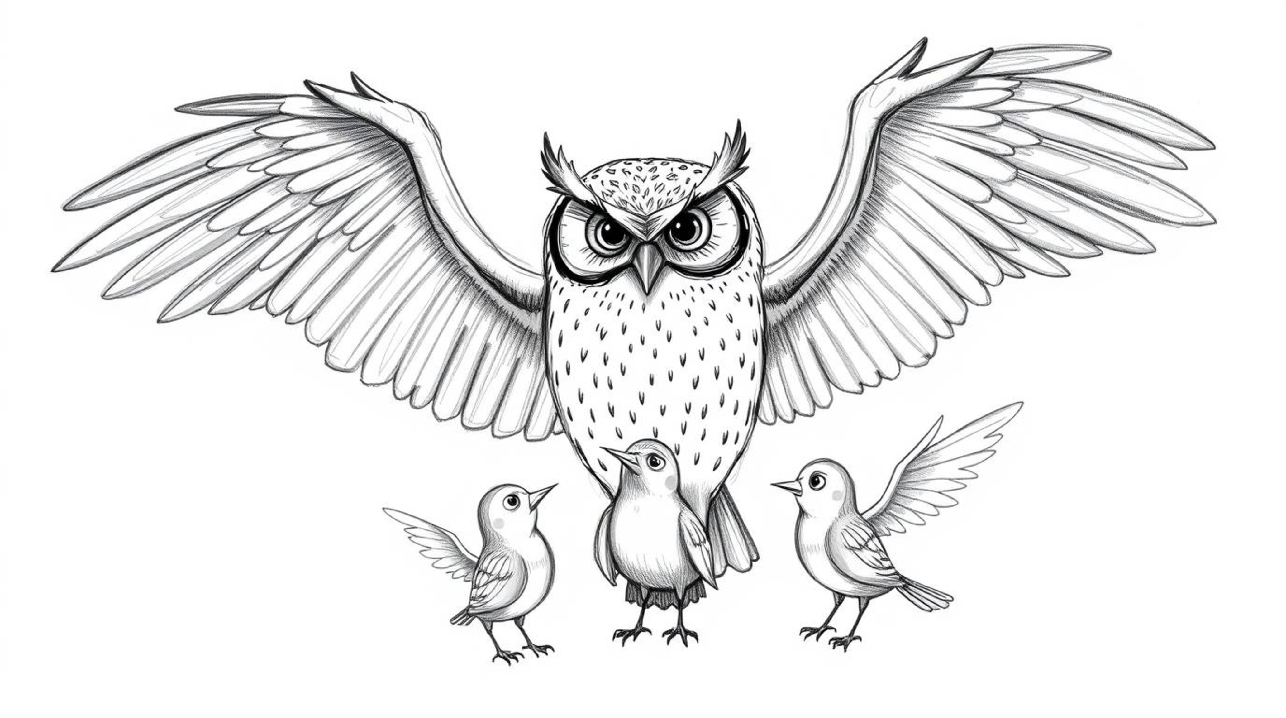 A heartwarming scene featuring a blind owl with gentle eyes, instructing birds in flight. Rendered in a Pixar-inspired style 