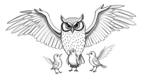 A heartwarming scene featuring a blind owl with gentle eyes, instructing birds in flight. Rendered in a Pixar-inspired style 