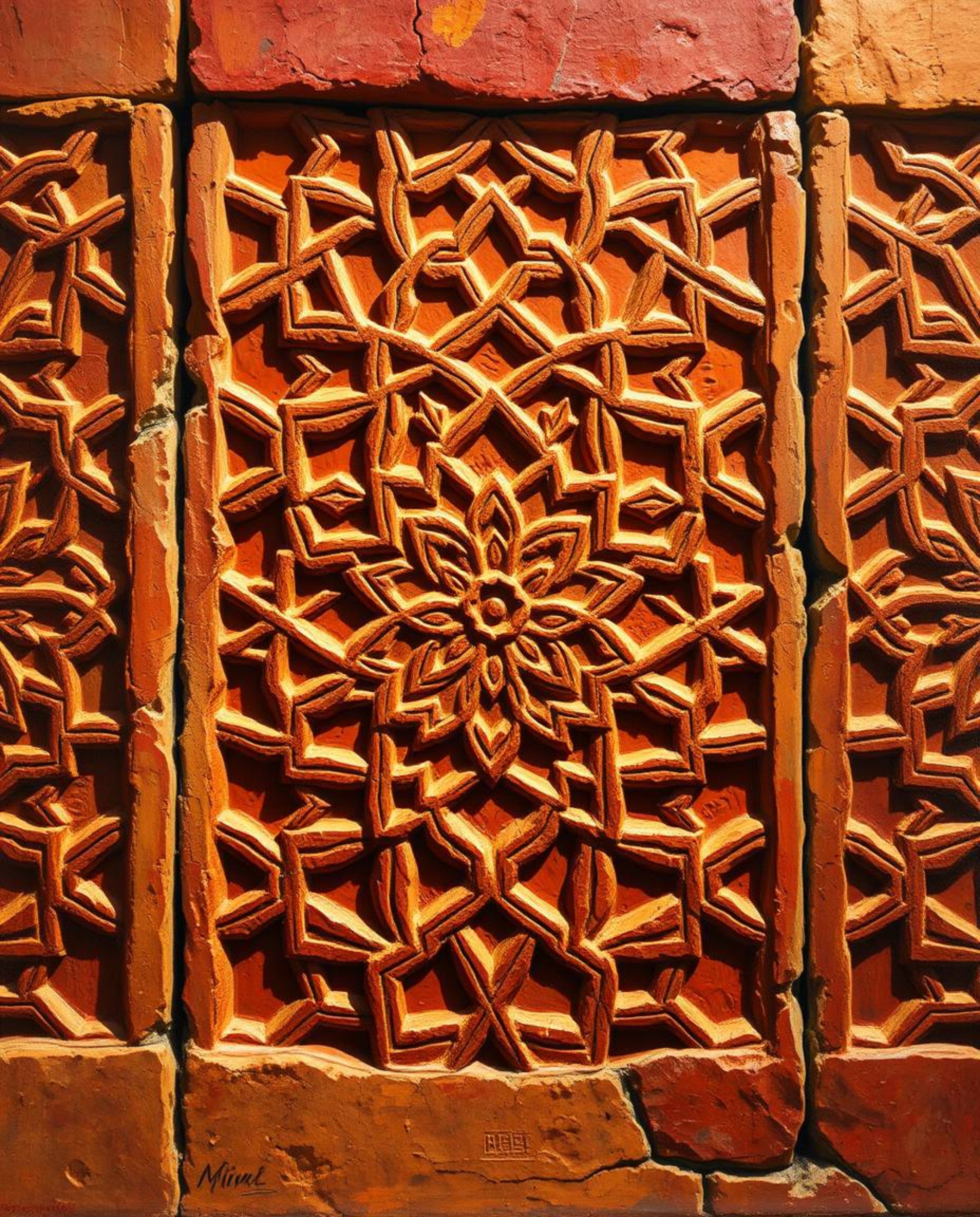 This captivating oil painting showcases classic Islamic geometric patterns meticulously carved in stone, rendered with intric