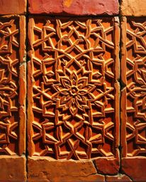 This captivating oil painting showcases classic Islamic geometric patterns meticulously carved in stone, rendered with intric
