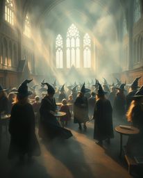 Immerse yourself in a dreamy and ethereal depiction of a magical school brimming with young wizards. Bathed in soft, hazy lig