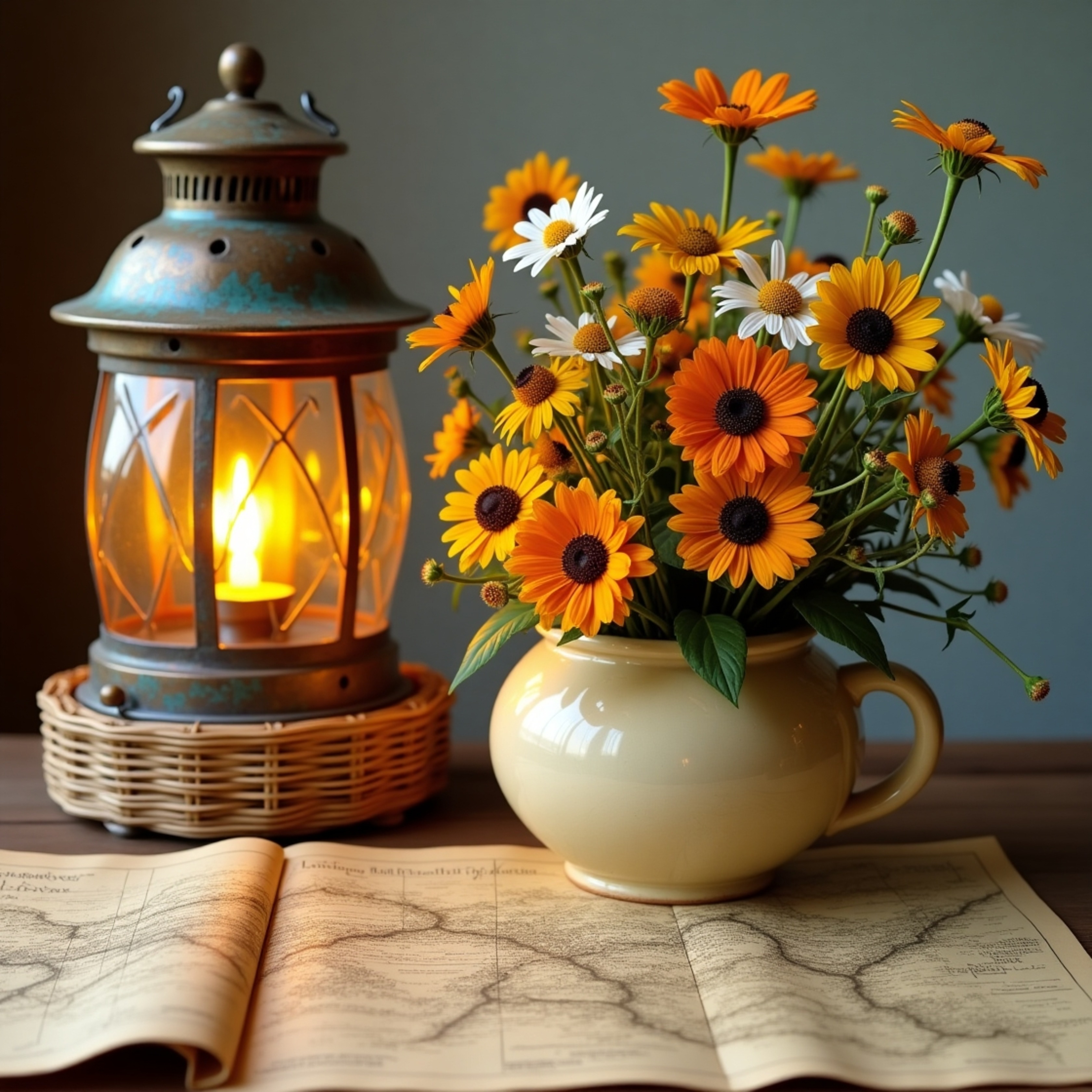 A distressed, bronze-toned lantern with verdigris accents casts a warm, golden light on a vibrant wildflower bouquet featurin