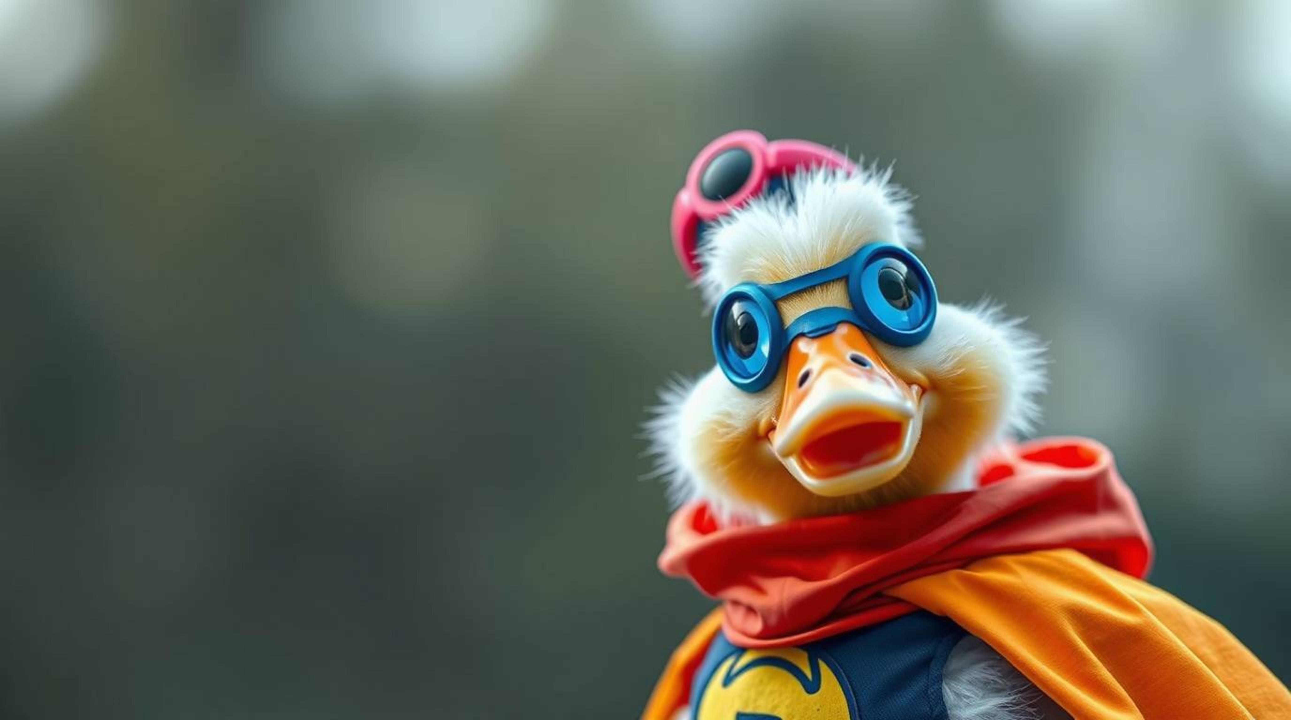 A lively and energetic image featuring a duck in a zany superhero costume with a blurred bokeh effect and bright colors. The 