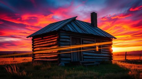 Experience the charm of a digitally painted old wooden cabin bathed in the vibrant hues of a sunset. This lively and energeti