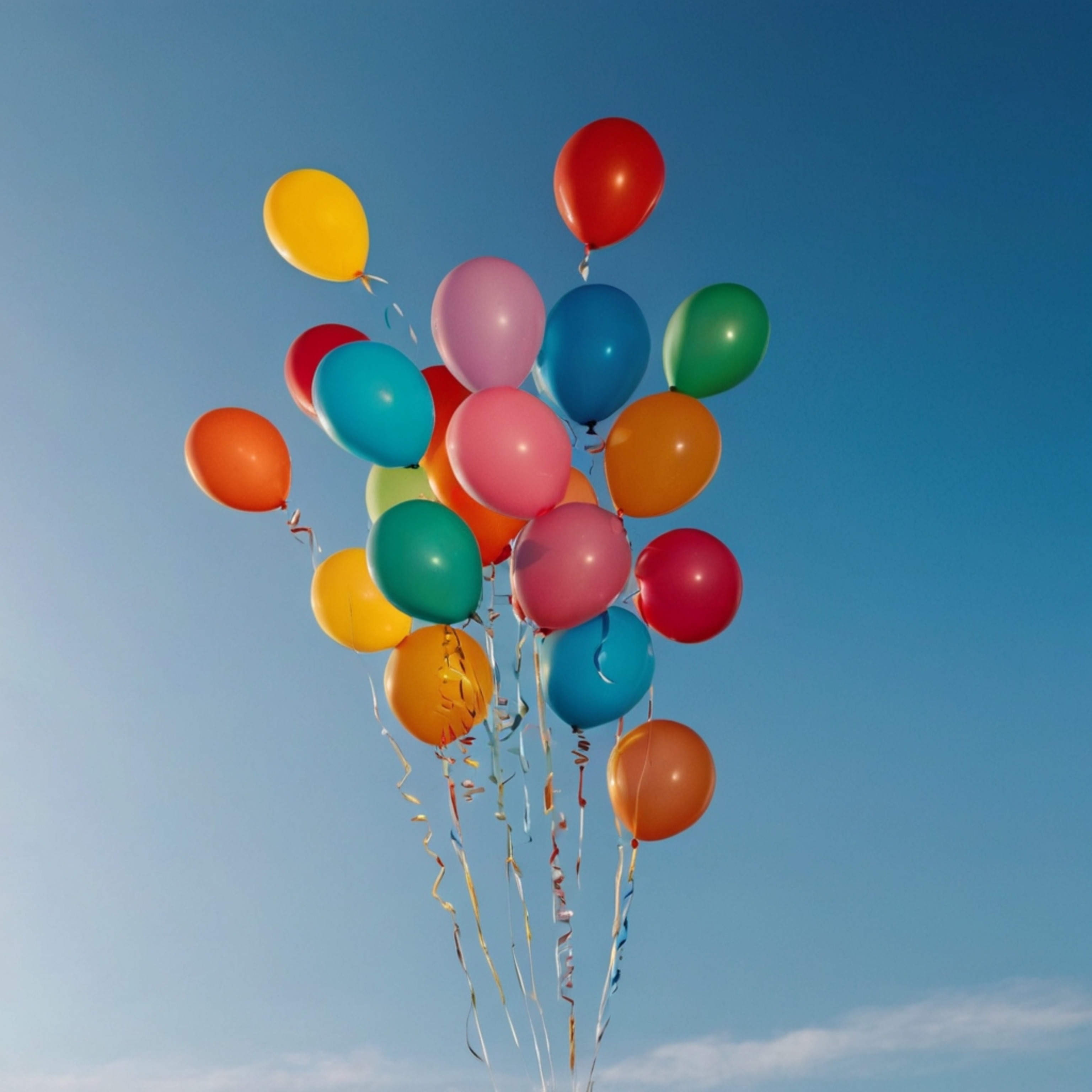A captivating image of colorful balloons drifting peacefully against a backdrop of a serene blue sky. The soft, diffused ligh