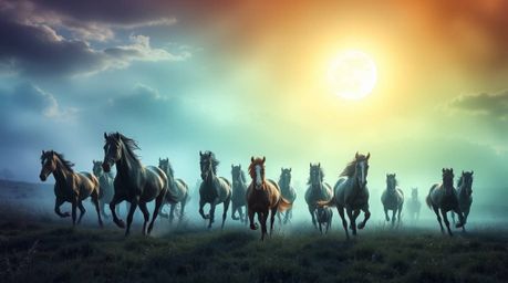 Capture the ethereal and spiritual beauty of a herd of wild horses running freely under a glowing sky. Bathed in a soft light