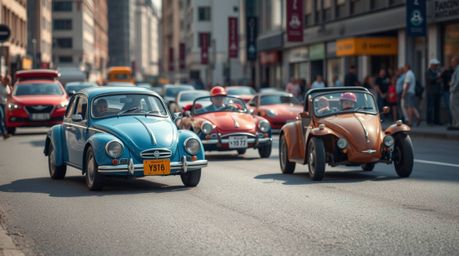 Capture the spontaneous charm of a wacky racing scene in an urban environment. This candid street photography shot features a