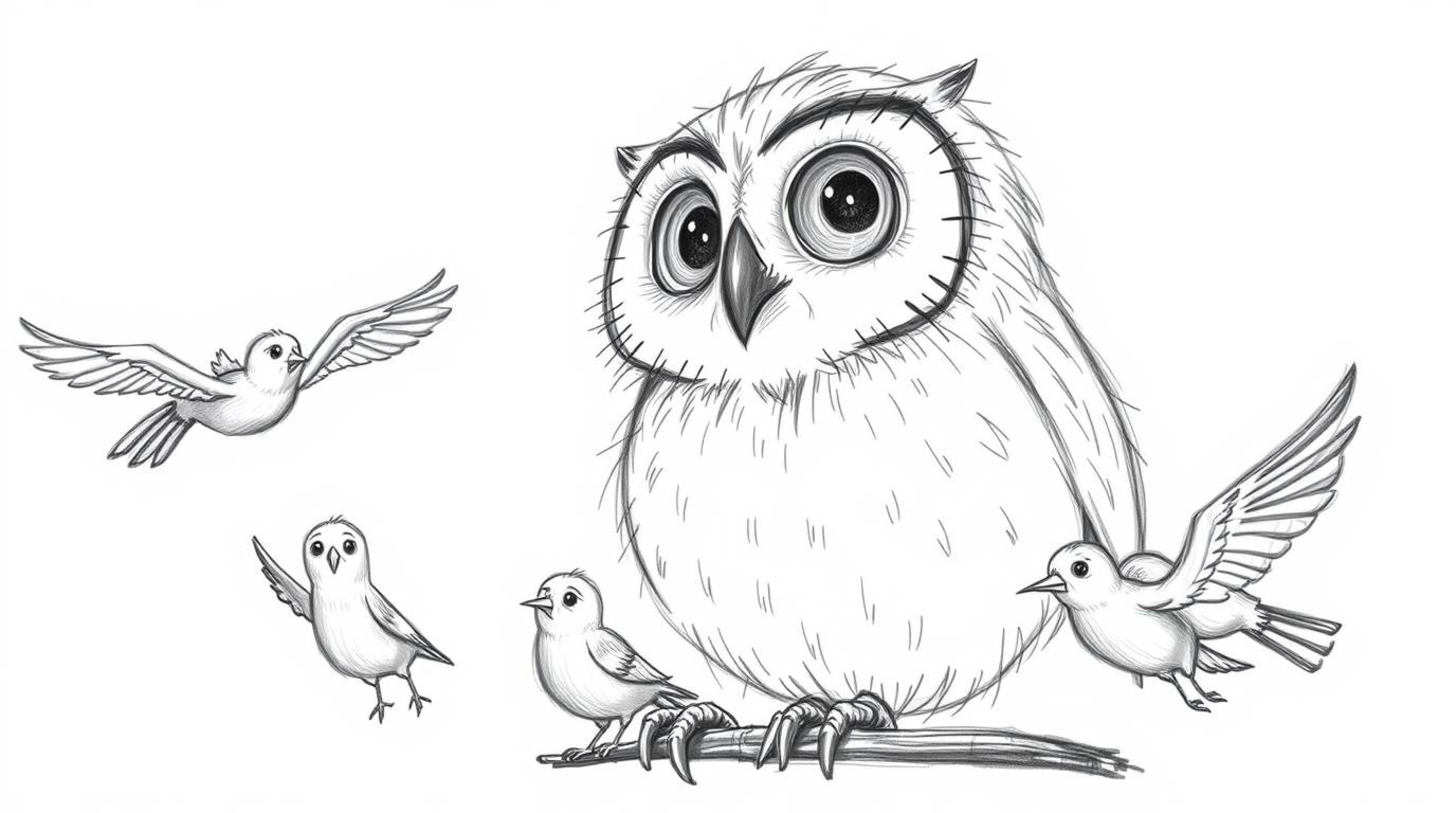 A heartwarming hand-drawn sketch in the style of Pixar depicts a blind owl with soft feathers and large, expressive eyes guid