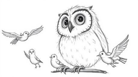 A heartwarming hand-drawn sketch in the style of Pixar depicts a blind owl with soft feathers and large, expressive eyes guid