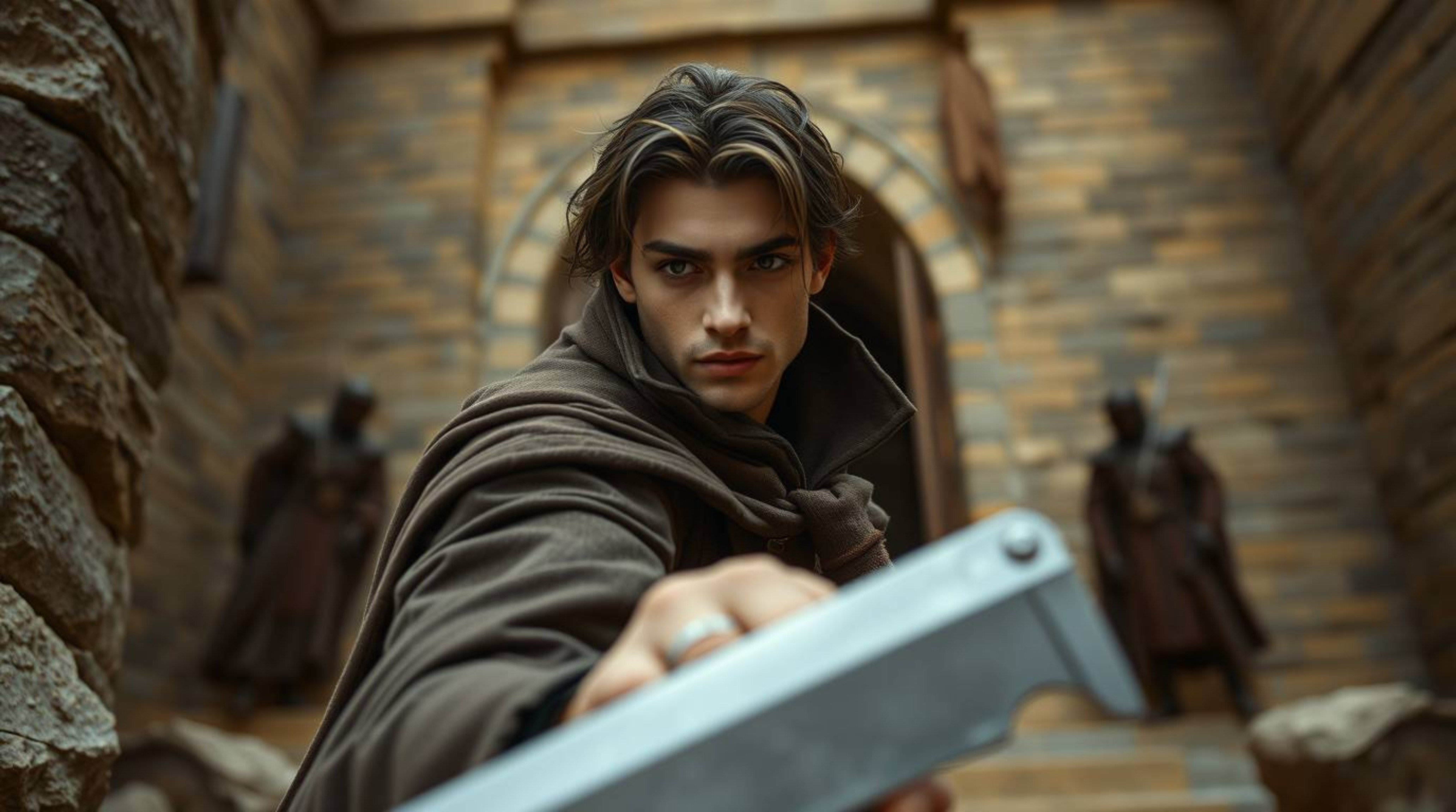 A thief with refined features and an elegant posture infiltrates a heavily guarded castle, rendered in natural earth tones of