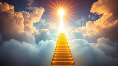 A captivating long exposure photograph depicts a golden staircase ascending through ethereal clouds towards a radiant heaven.