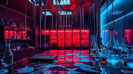 Explore a visually captivating slime-covered science lab rendered with intense dramatic lighting, contrasting rich burgundy a
