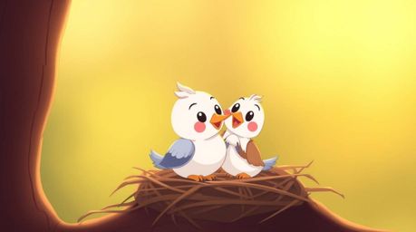Delightful animation showcasing two cartoon birds constructing a nest in a classic animation style.  Bathed in the warm, soft