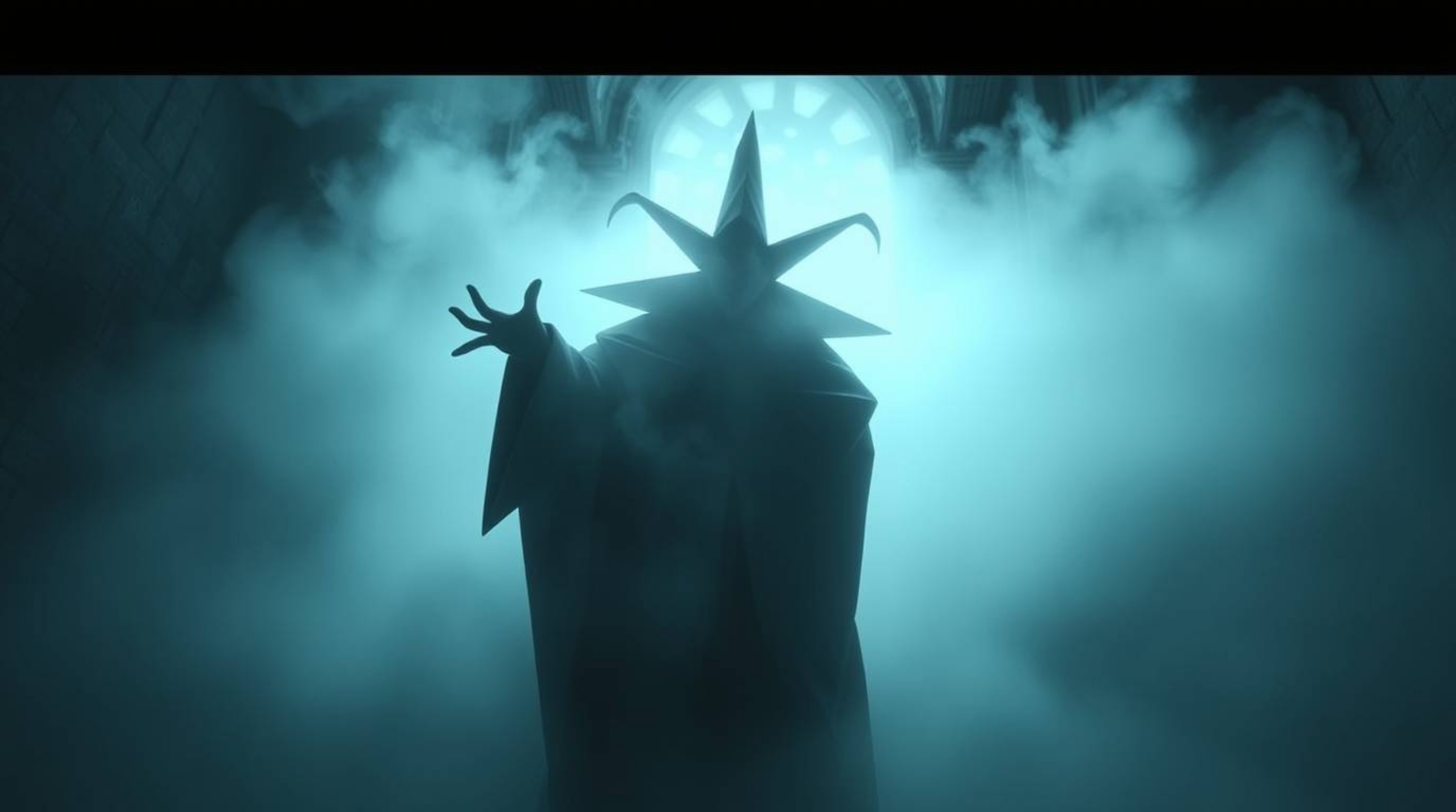 A classic Disney villain, shrouded in thick fog, casts a mesmerizing spell within the ancient walls of a castle. Rendered in 