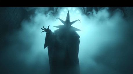 A classic Disney villain, shrouded in thick fog, casts a mesmerizing spell within the ancient walls of a castle. Rendered in 