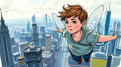 A vibrant, hand-drawn sketchnote depicts a young boy heroically soaring above a futuristic London cityscape, sprinkled with g