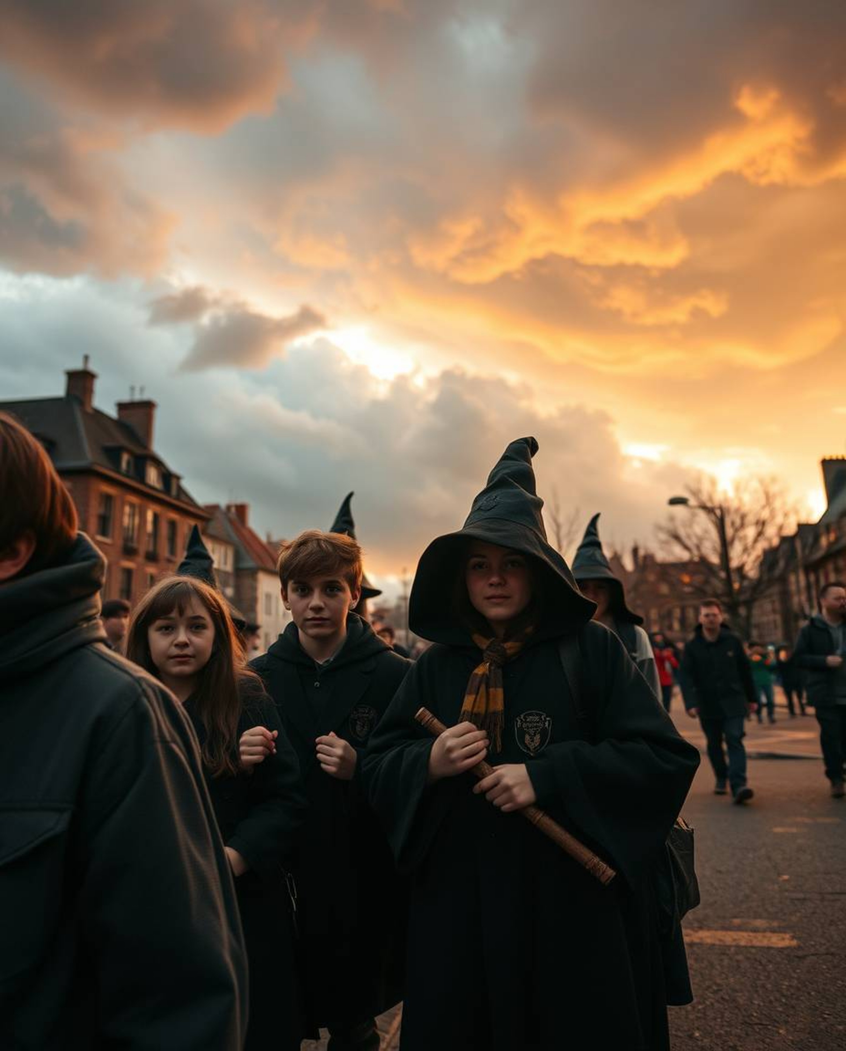 Explore the captivating blend of candid street photography and the enchanting world of young wizards in an urban setting. Wit