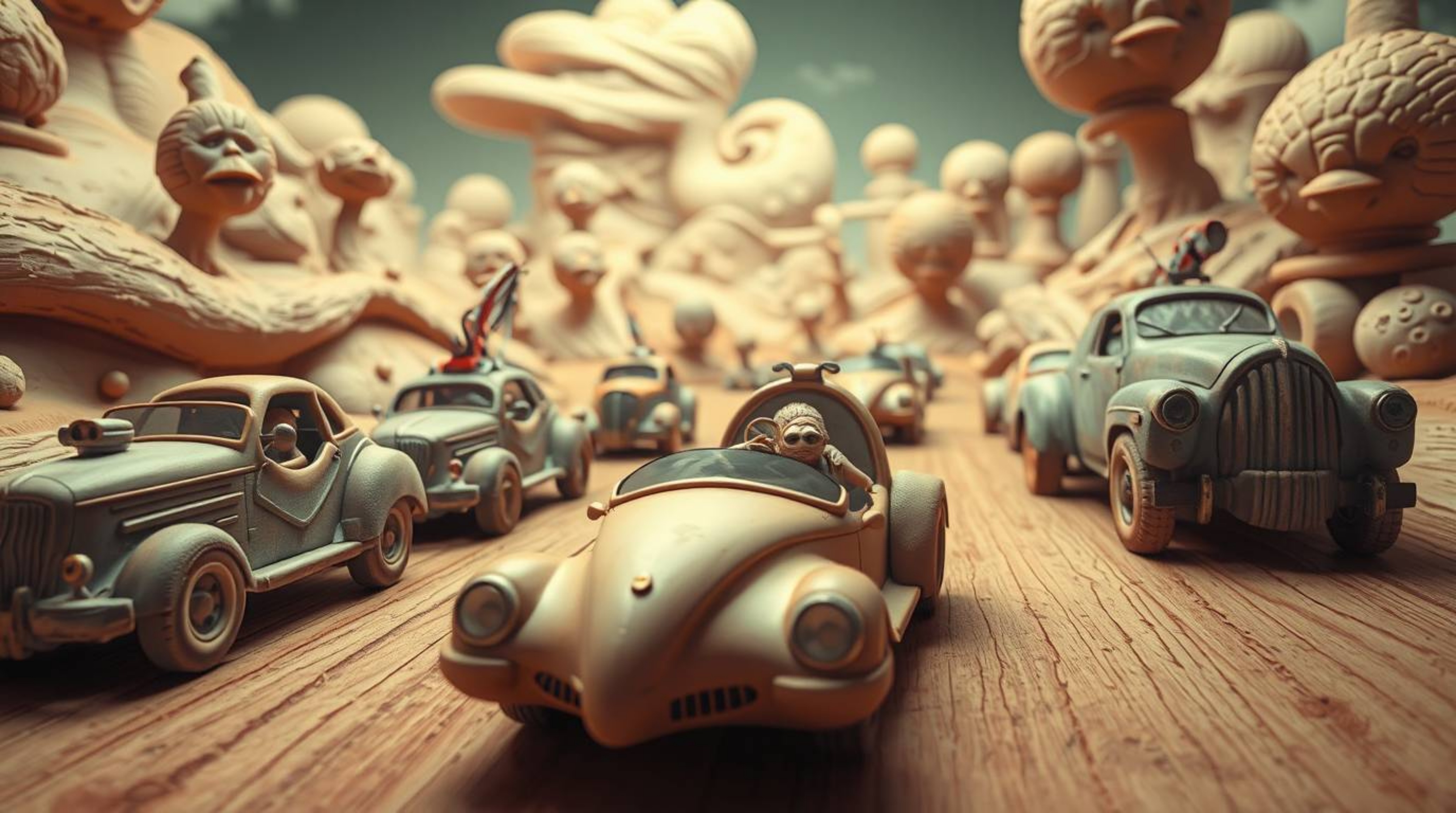 Experience a wildly imaginative racing scene brought to life with outlandish cars rendered in a unique sculptural clay art st