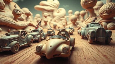 Experience a wildly imaginative racing scene brought to life with outlandish cars rendered in a unique sculptural clay art st