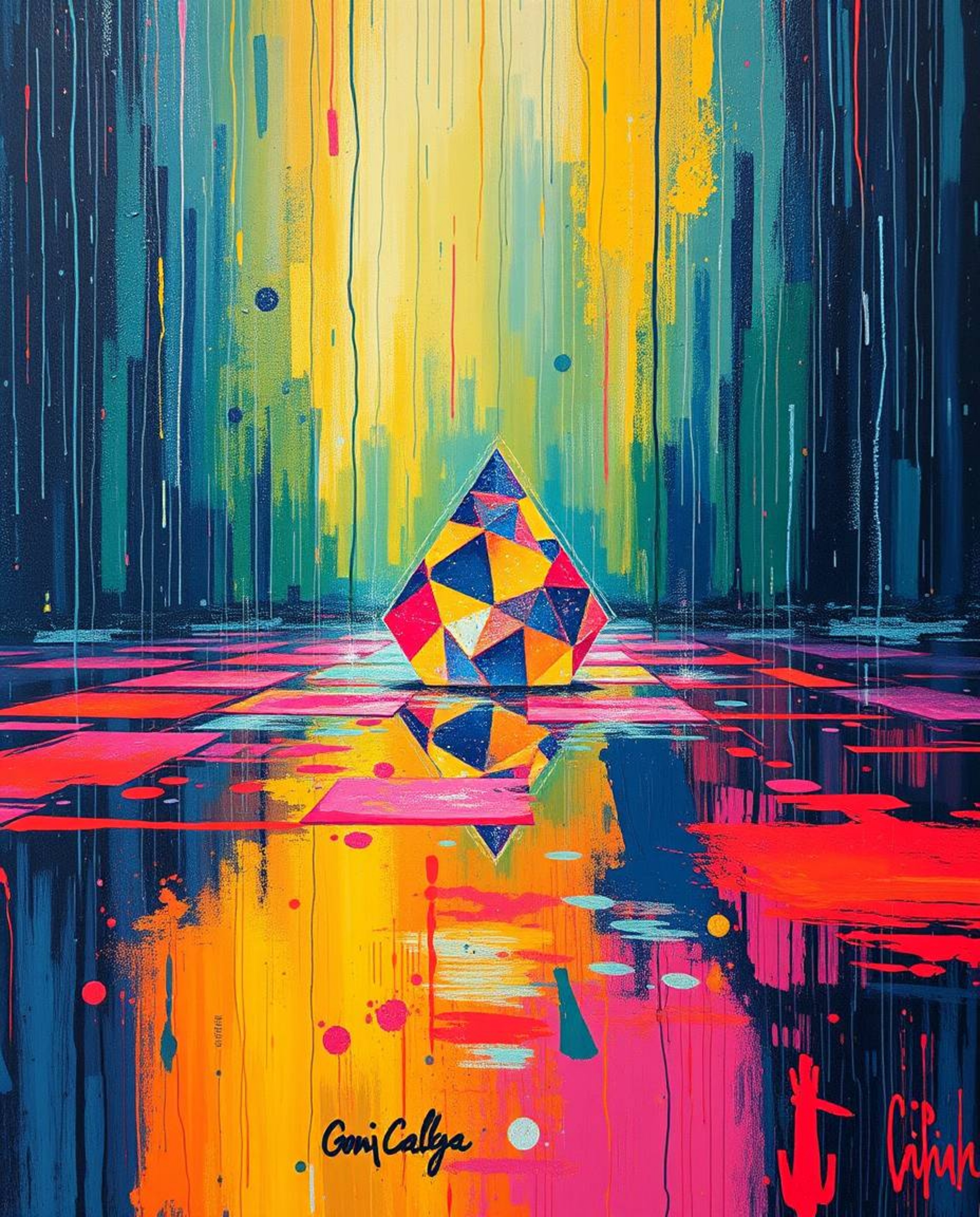 This bold acrylic painting captures a wet, rainy scene within a glitched cyberspace matrix. Drizzling rain reflects off vibra