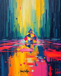 This bold acrylic painting captures a wet, rainy scene within a glitched cyberspace matrix. Drizzling rain reflects off vibra