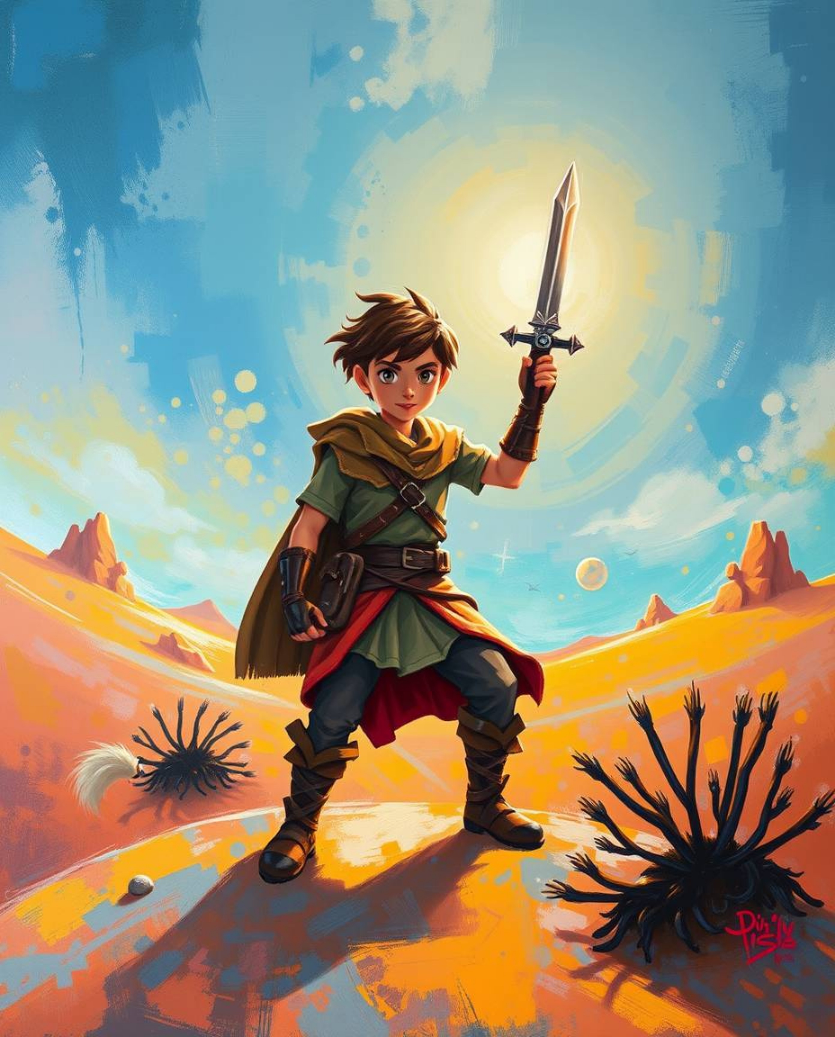 A vibrant acrylic painting showcases a brave hero embarking on a Disney-style desert adventure.  The artwork features complem