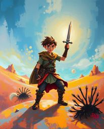 A vibrant acrylic painting showcases a brave hero embarking on a Disney-style desert adventure.  The artwork features complem