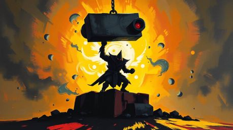 A bold acrylic painting depicting a dramatic scene of an anvil poised to drop on a trickster character, rendered with vibrant