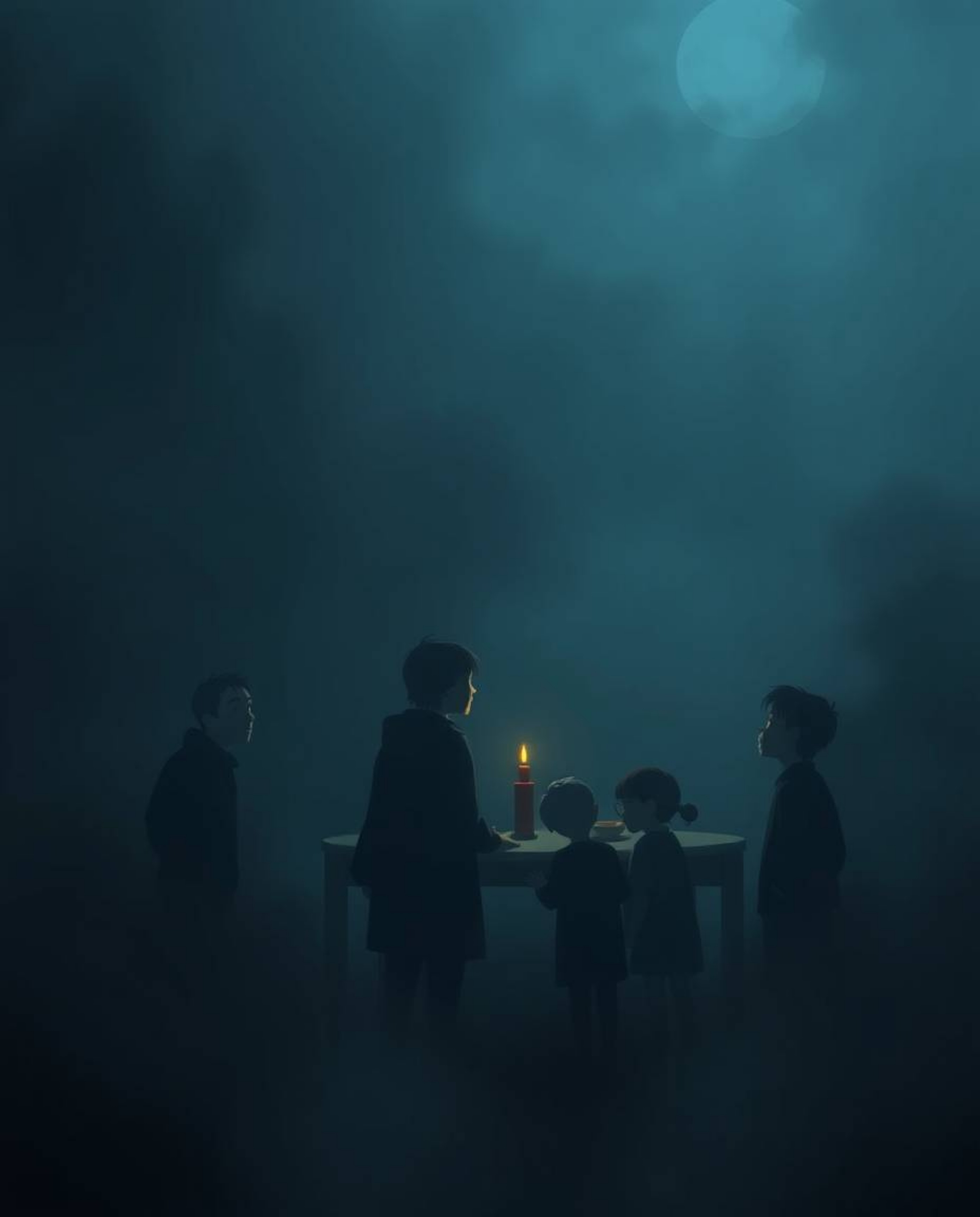Experience a poignant family reunion depicted in a Pixar-style illustration, shrouded in an intensely dark and thick fog. The