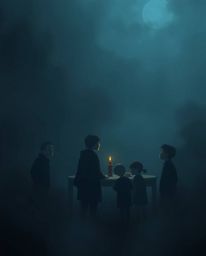 Experience a poignant family reunion depicted in a Pixar-style illustration, shrouded in an intensely dark and thick fog. The