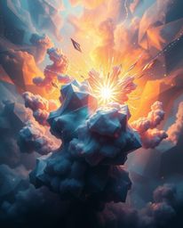Witness a breathtaking collision of galaxies rendered in stunning origami style.  Intense dramatic weather effects and irides
