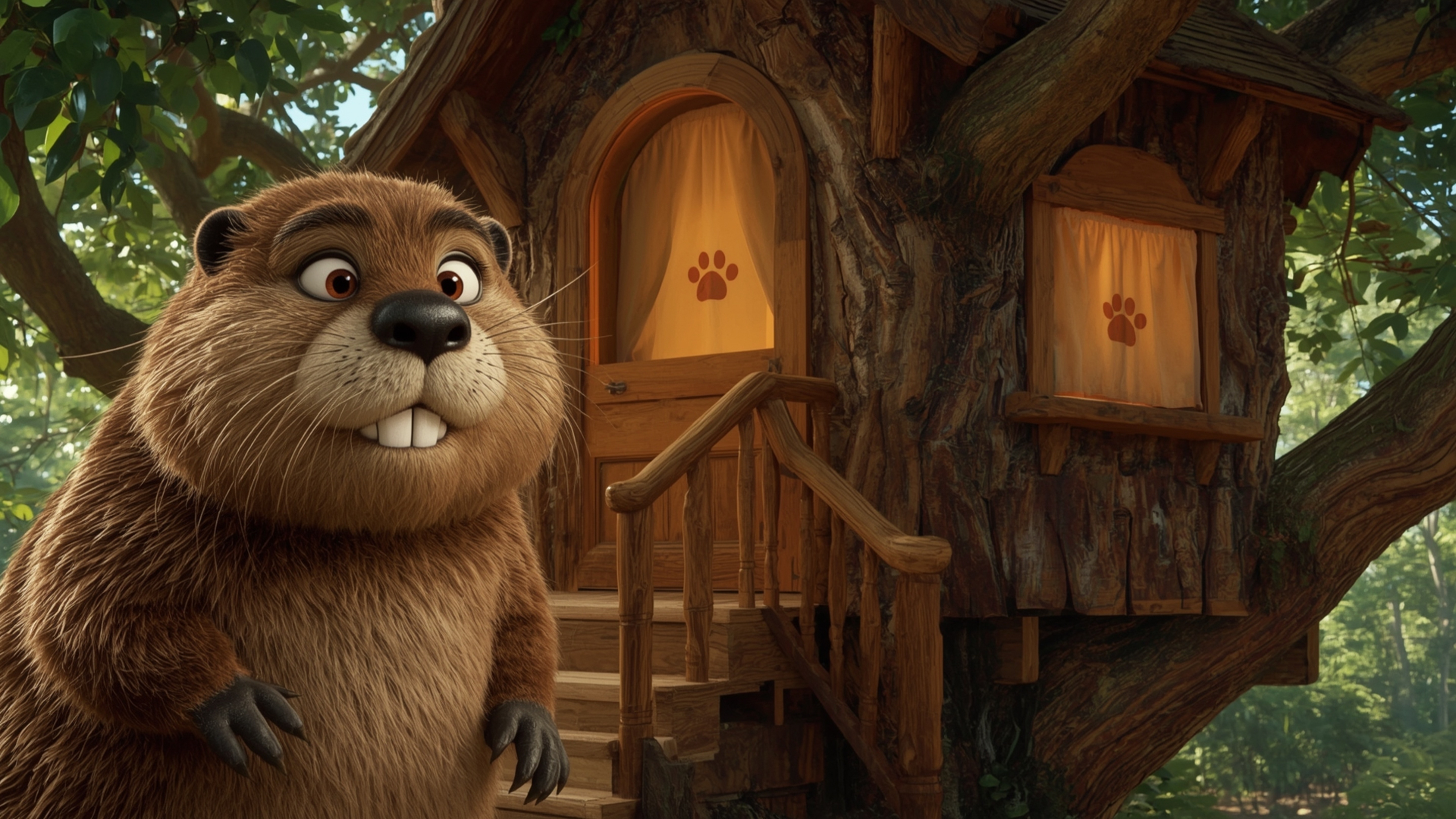 A highly detailed, high-resolution stock photo captures an anthropomorphic beaver with bright, expressive brown eyes and soft