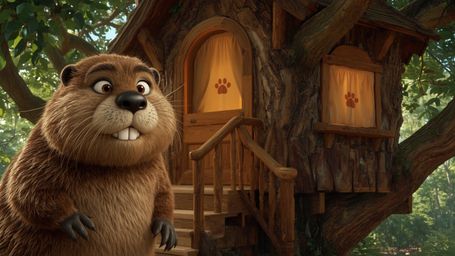 A highly detailed, high-resolution stock photo captures an anthropomorphic beaver with bright, expressive brown eyes and soft