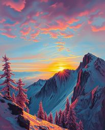 This artwork captures a sunset from a high alpine peak in a classic oil painting style, uniquely rendered in surreal infrared