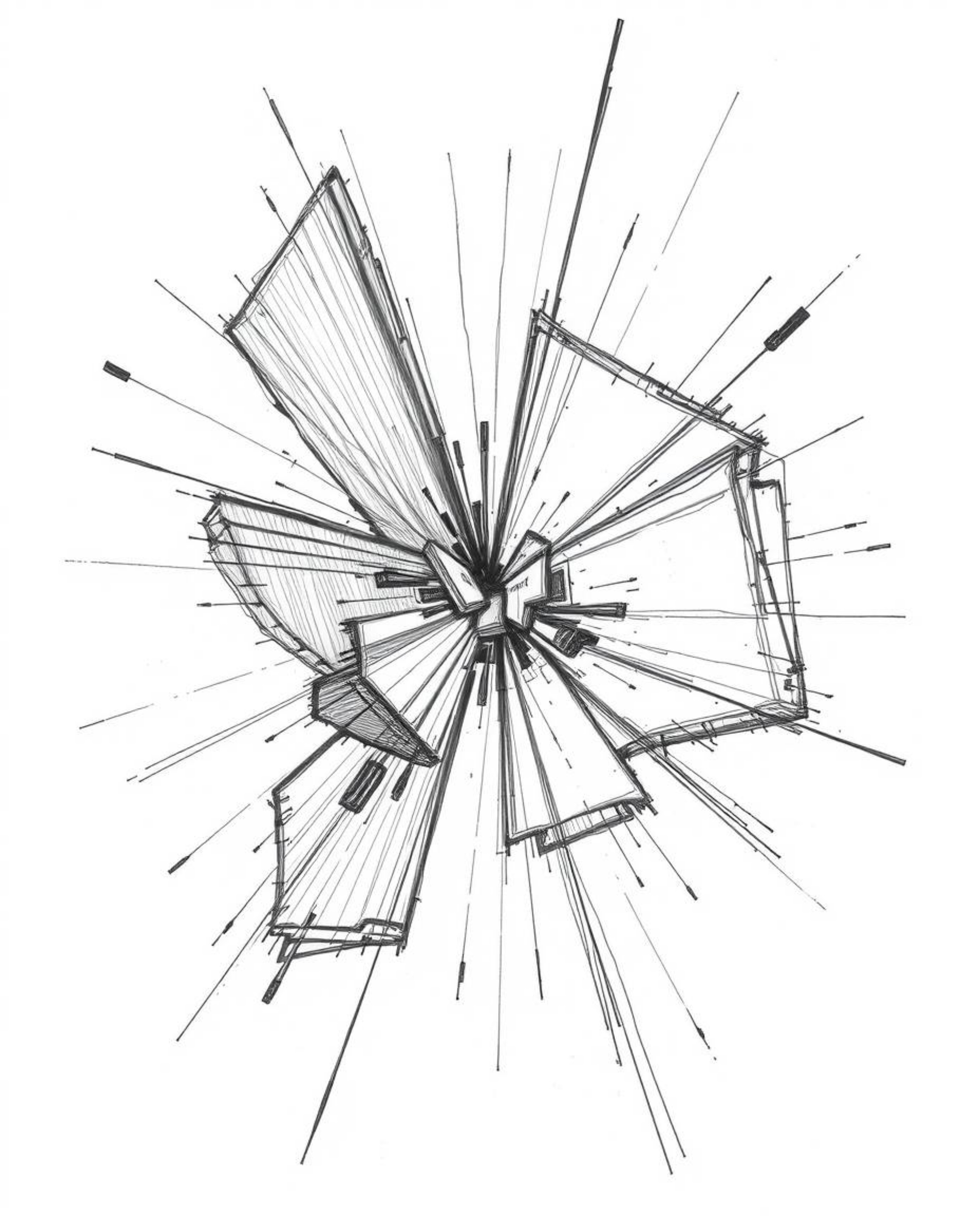 A high-angle, hand-drawn sketch showcases abstract shapes with dramatic lighting and intense contrast.  The artwork features 