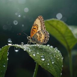 A delicate butterfly rests gracefully on a verdant leaf, its wings adorned with glistening droplets of morning dew.  This ser