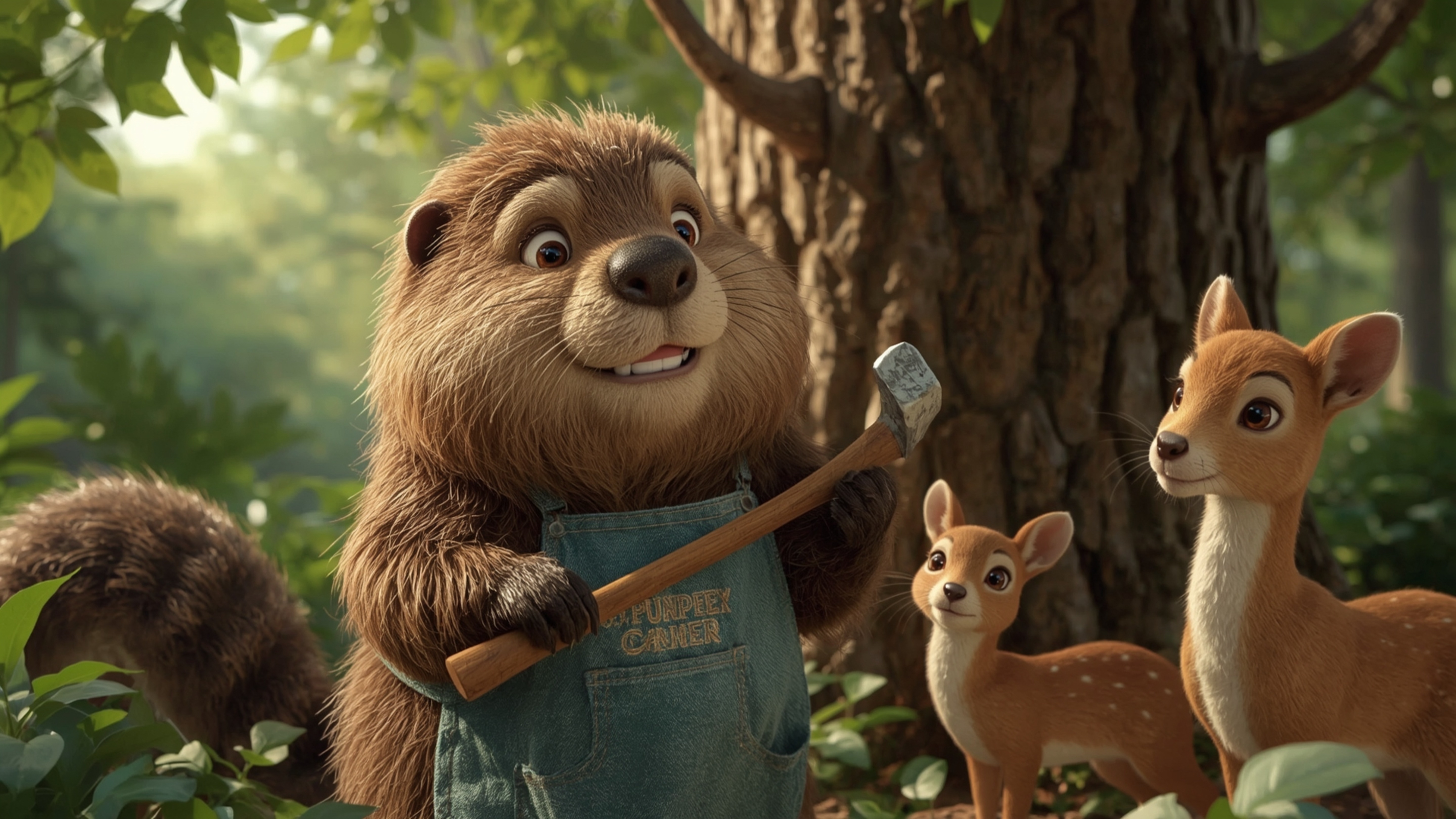 A high-resolution stock photo, in a whimsical Pixar-inspired style, of a beaver with a fluffy brown coat wearing a tiny carpe