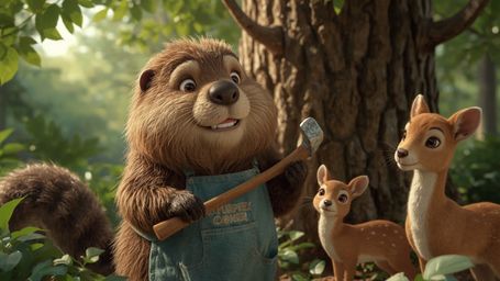 A high-resolution stock photo, in a whimsical Pixar-inspired style, of a beaver with a fluffy brown coat wearing a tiny carpe
