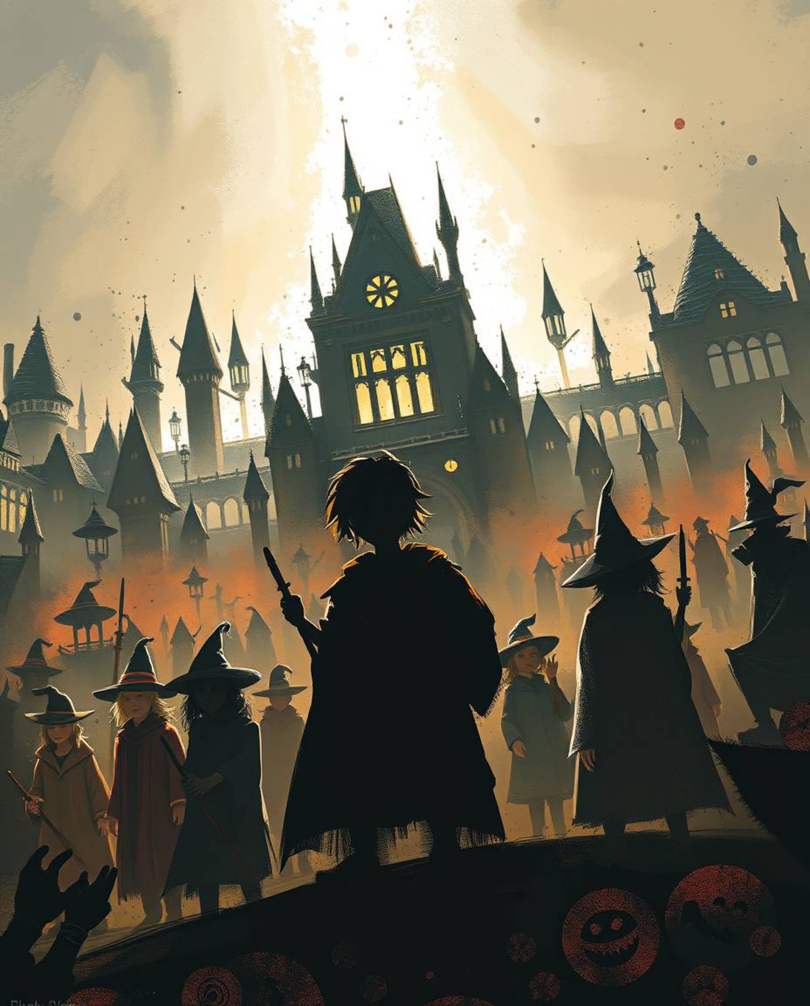 Discover a captivating digital sketch of a magical school brimming with young wizards.  Rendered with dynamic painterly strok