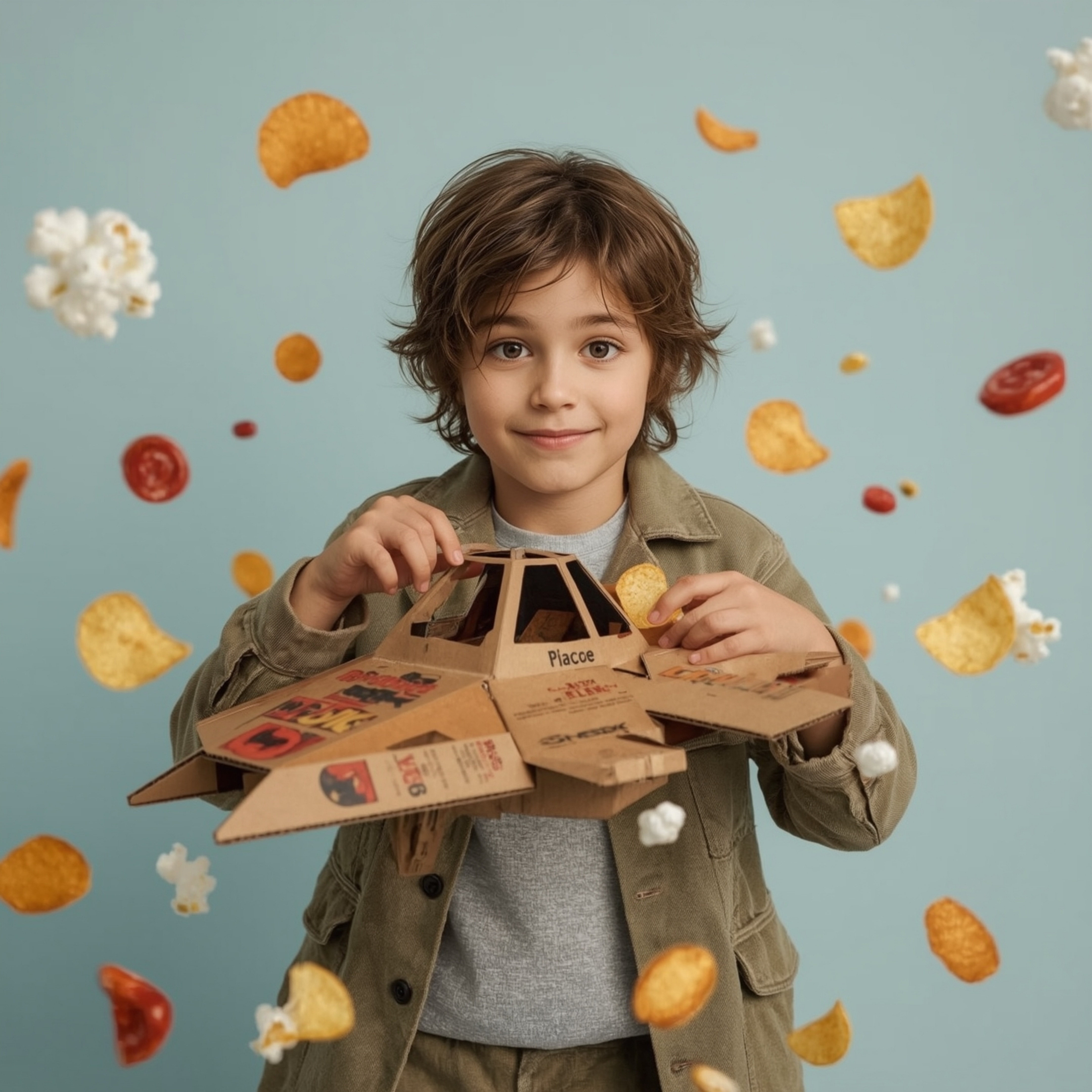 Exquisite high fashion photography captures a young boy's wide-eyed fascination as he builds an intricate cardboard spaceship