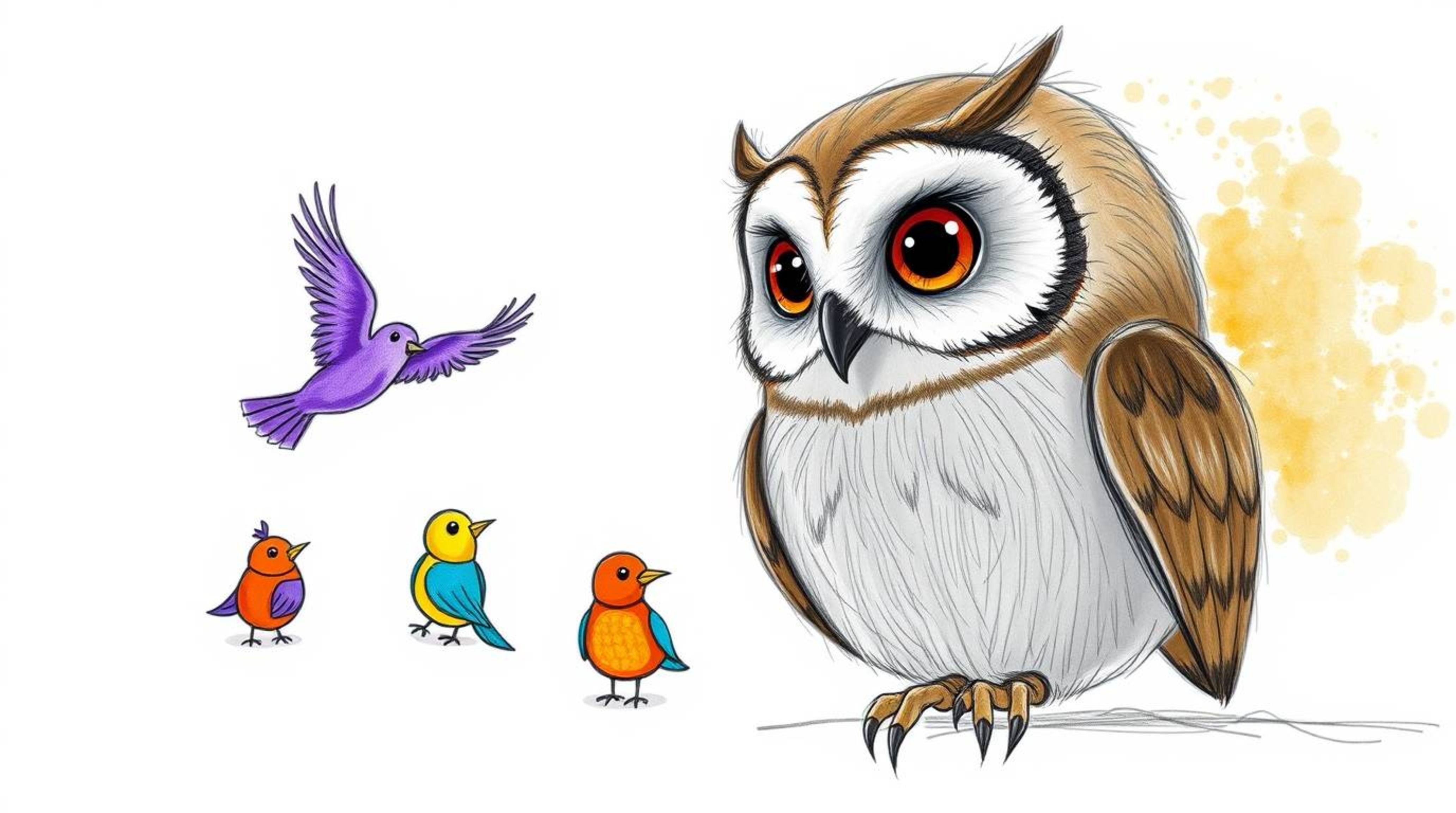A heartwarming hand-drawn sketch in the style of Pixar depicts a blind owl, with soft, feathery texture and gentle features, 