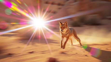 Experience dynamic motion as bright lens flare streaks across a coyote setting a comical desert trap. The scene is captured w
