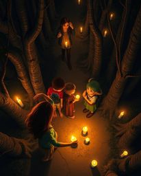 Discover a captivating high-angle shot of friends with extraordinary abilities exploring a mystical forest bathed in the warm