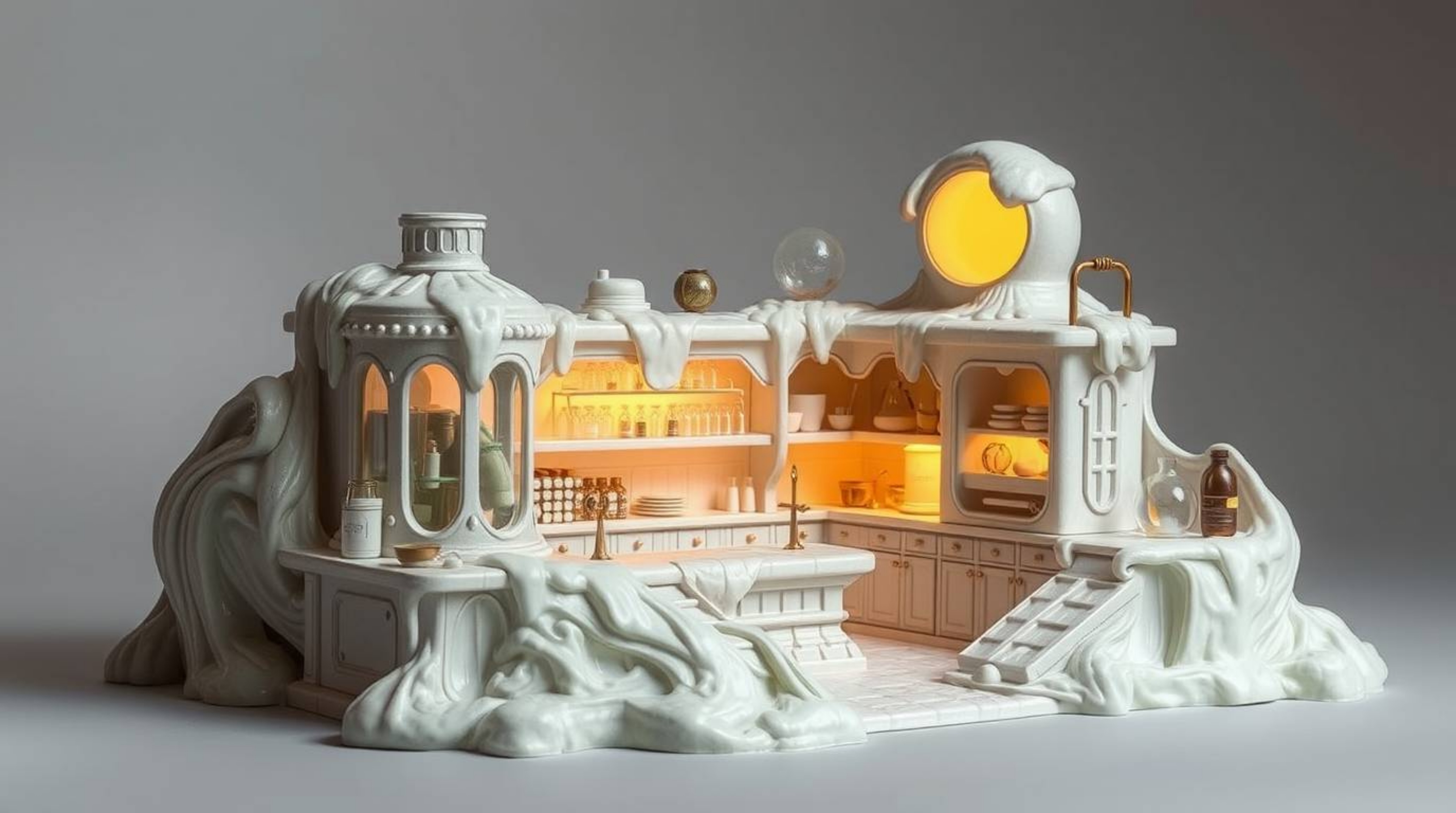 This artwork depicts a graceful and elegant science lab covered in slime, uniquely sculpted from layered papier-mâché.  The r